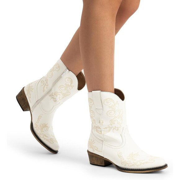 Dream Pairs Women's White Western Low Chunky Heels Square Toe Fall Ankle Boots - Picture 7 of 7